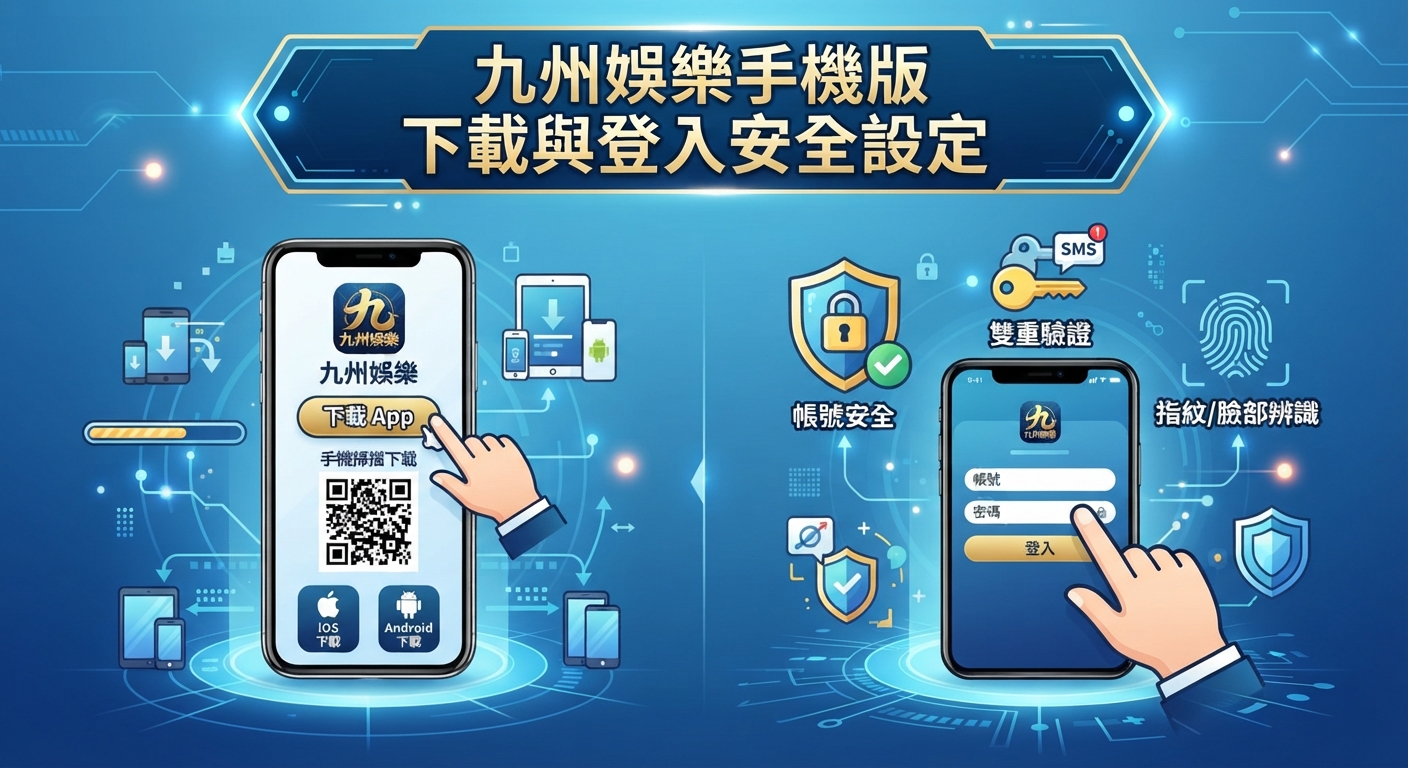 圖片展示了九州娛樂手機版的下載流程與登入安全設定。 畫面透過手機介面、二維碼與安全圖標說明了應用程式安裝及雙重驗證等防護機制。
