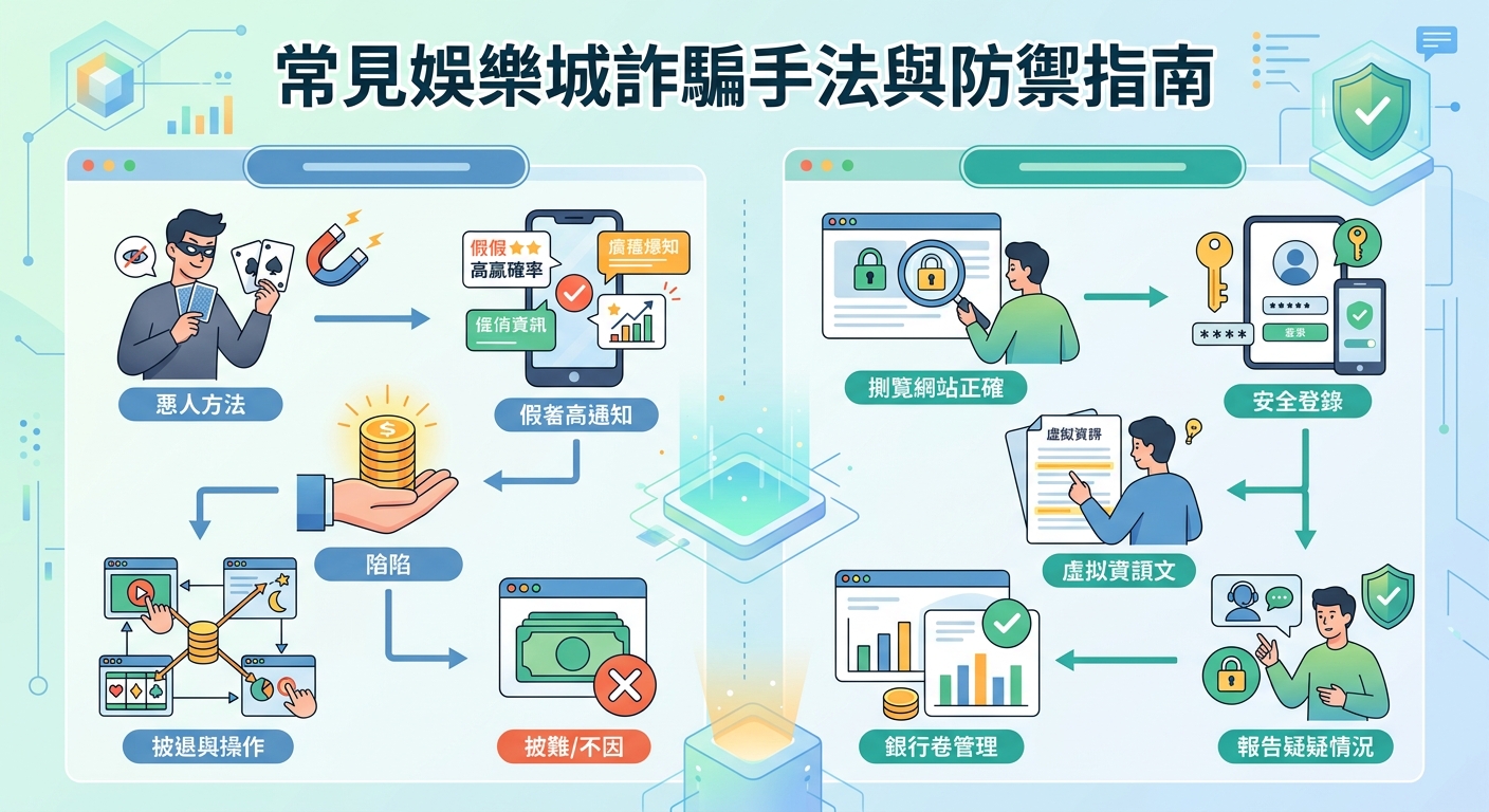 這張圖片是一份資訊圖表，主題為「常見娛樂城詐騙手法與防禦指南」。 畫面分為左右兩側，透過向量插圖與流程圖，分別展示詐騙集團的常見陷阱手法以及使用者的安全防禦步驟。